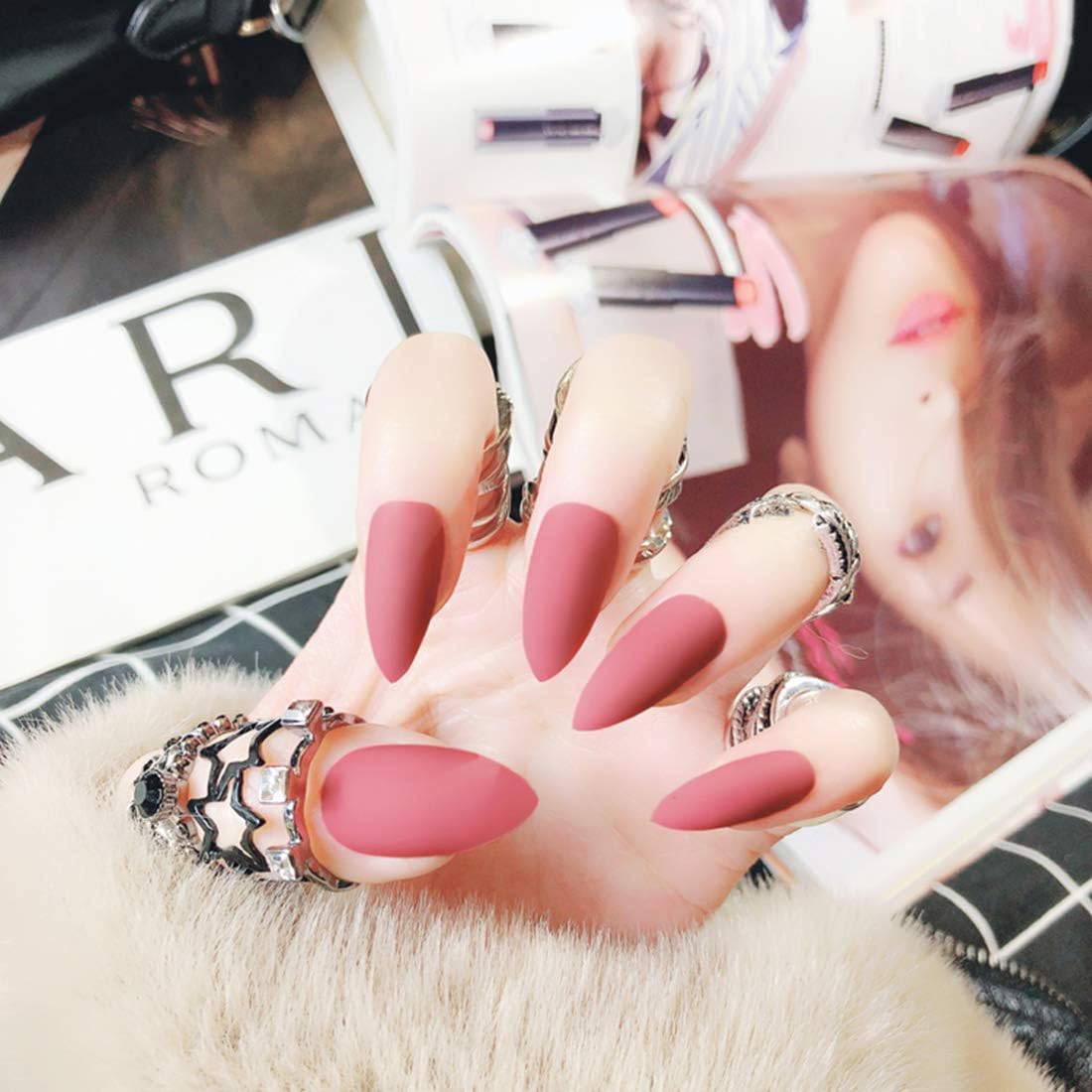 24PCS Solid Colors Acrylic Stiletto False Nails Full Cover Fake Nails Tips Natural Long Claw Nails (Matte scarlet pink)
