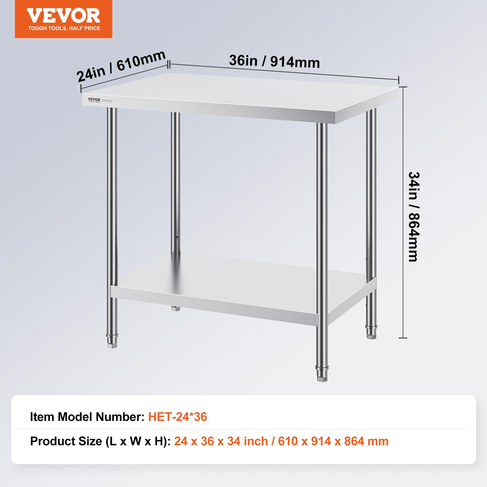 VEVOR Wytrzymały metalowy stół roboczy z 3 regulowanymi poziomami wysokości, do kuchni, garażu, restauracji, na podwórko, 61 x 81 x 81 cm, srebrny