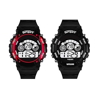 Rozti Children Casual Led Sports Digital Silicone Strap Sport Watch Kids School Gift {Red Black}