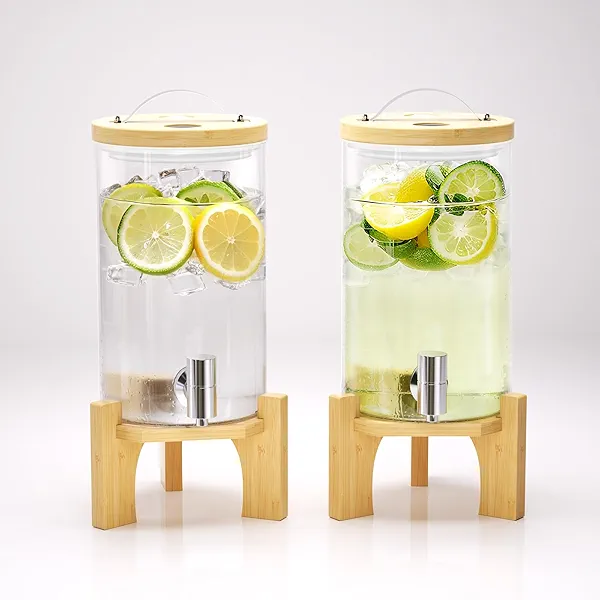 VOVUVK 1.2 Gallon Glass Drink Dispenser For Parties, Beverage Dispenser With Bamboo Wood Stand And Stainless Steel Spigot, Countertop Water Dispenser, Lemonade Dispenser For Wedding, Picnic (2PACK)