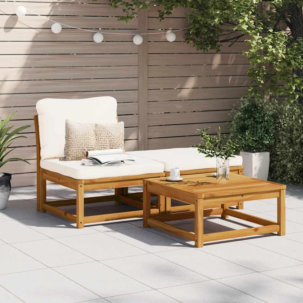 Modulares Gartensofa Set mit Kissen aus Akazienholz für Terrasse Balkon Wintergarten Lounge Sitzgruppe mit Armlehnen und Verbindungsteilen, 3-teilig, wetterfest, komfortabel