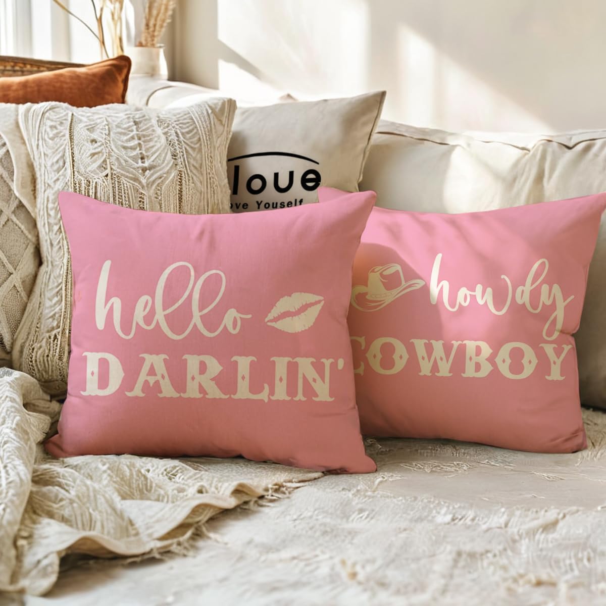 ULOVE LOVE YOURSELF Funny Couple Pillow Covers 18x18 Howdy Cowboy Hello Darlin’ Western Throw Pillowcases Rustic Farmhouse Decor Cushion Covers 2Pack for Cowboy Cowgirl Valentine Decorations (Pink) - Image 5