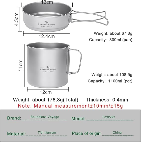 Boundless Voyage Titanium Pot Pan Set Camping Cookware, 1.1L + 0.3L-Ti2053C
