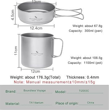 Boundless Voyage Titanium Pot Pan Set Camping Cookware, 1.1L + 0.3L-Ti2053C
