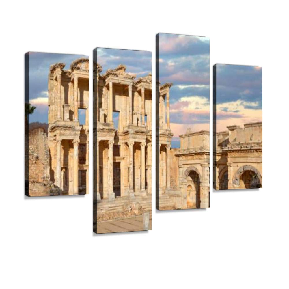 4 Panel Canvas Pictures Celsus library in the Roman ruins of Ephesus in Turkey at the sunrise Home Decor Gifts Canvas Wall Art for your Living Room