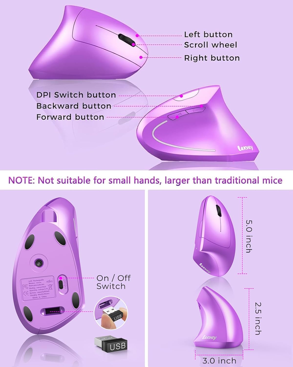 Lekvey Ergonomic Mouse, Wireless Vertical Mouse Rechargeable 2.4 GHz Optical Carpal Tunnel Mice : 800/1200 / 1600 DPI, 6 Buttons, for Laptop, PC, Mac, Computer, Desktop, Notebook etc, Purple