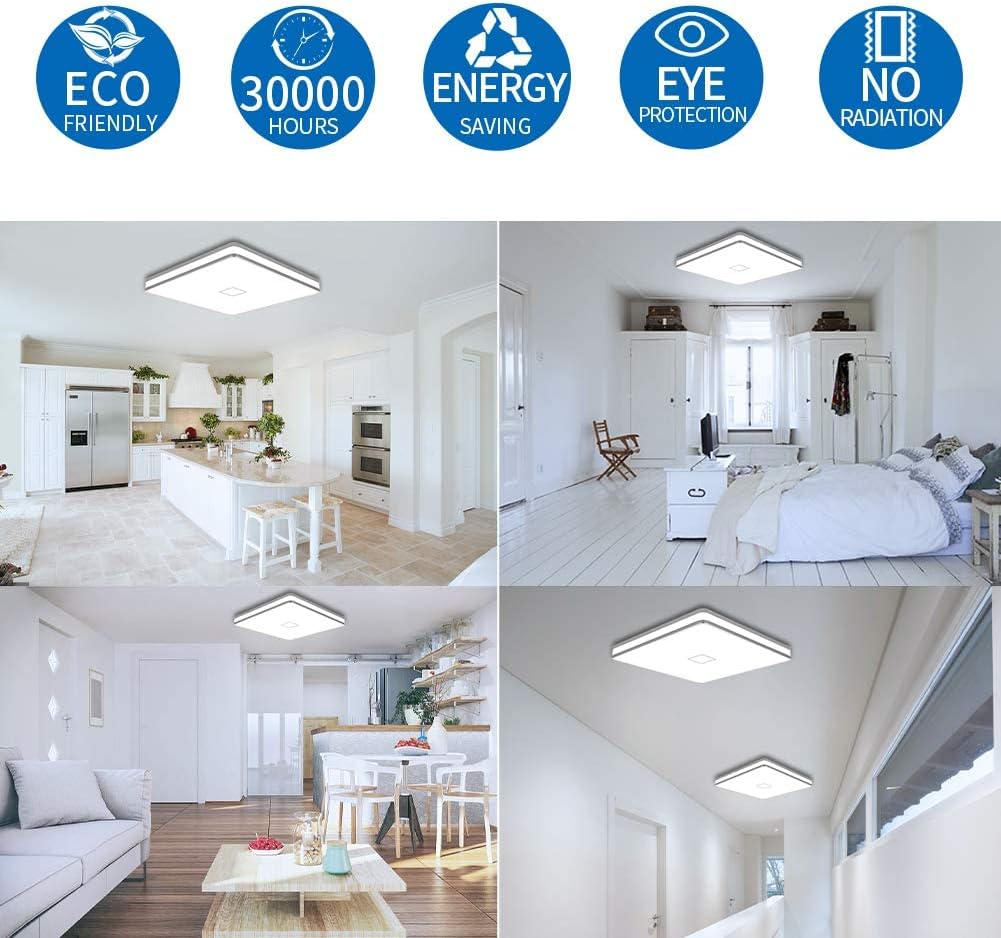 Airand Led Square Ceiling Light 24W 2050LM 12.8in Flush Mount Light Fixture Ceiling Lights Waterproof No Flicker IP44 80Ra+ 5000K Cold White Led Light for Bedroom Kitchen Bathroom（Cold White）