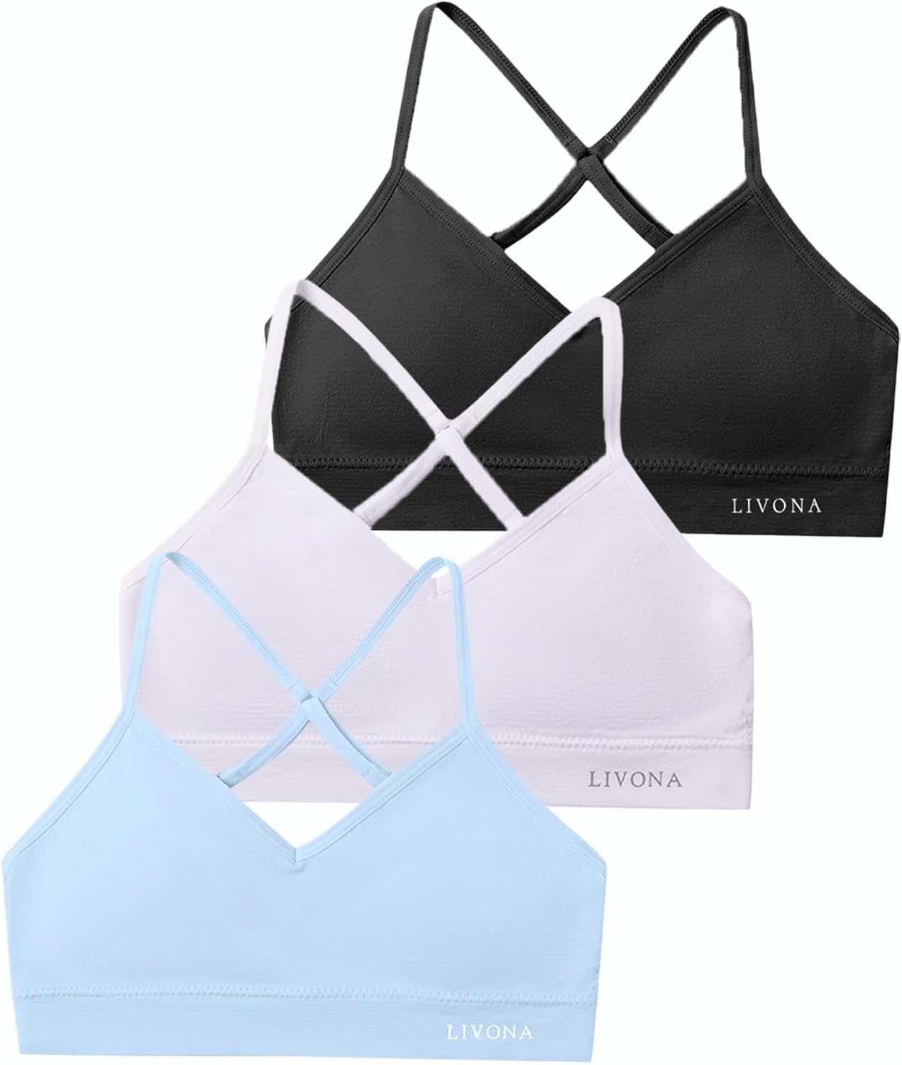 Livona Racerback Training Bra for Girls- 3 Pack Seamless Sports Bra, Padded Everyday Bra Bralette,Crop Cami Tank Top (6-14)