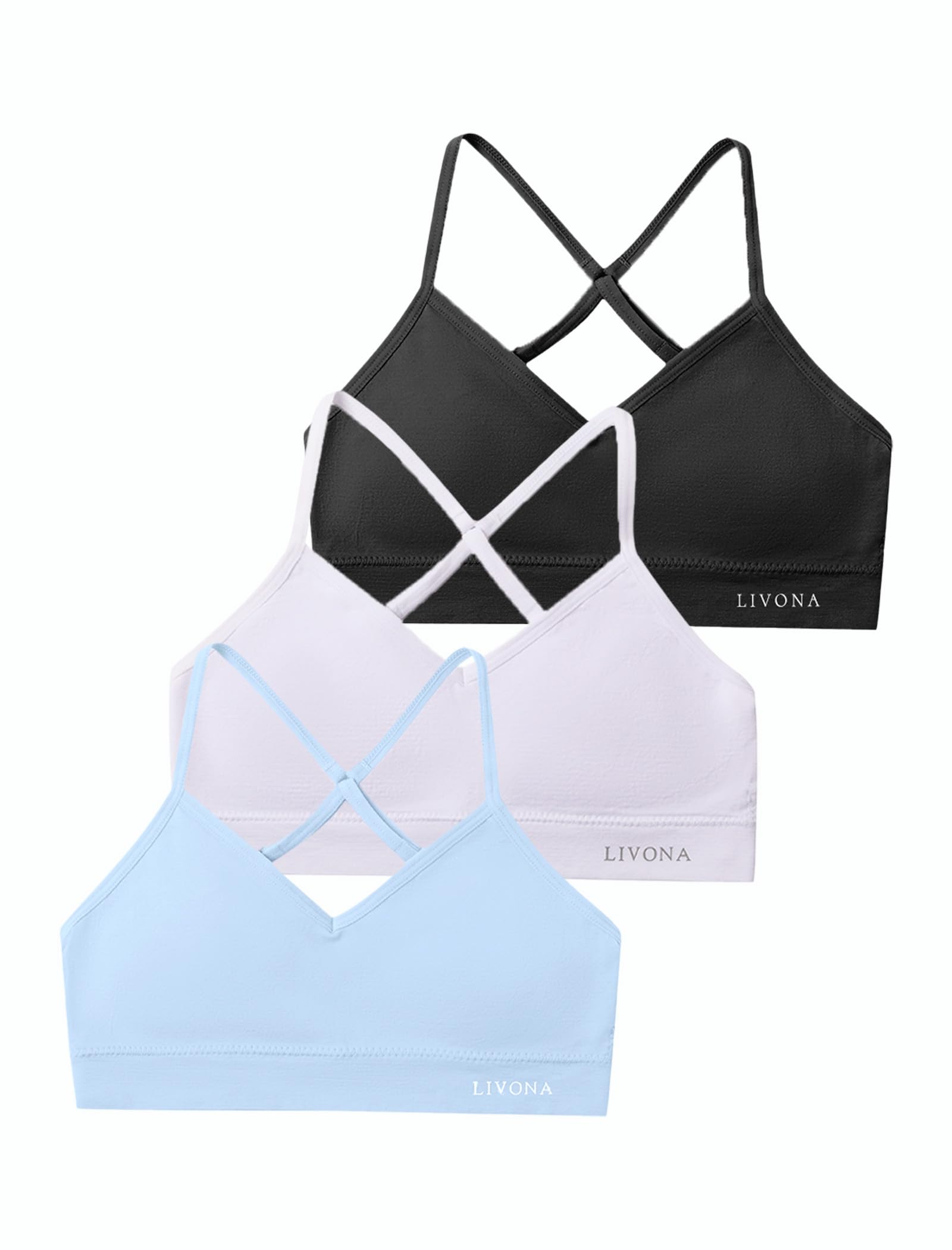 Livona Racerback Training Bra for Girls- 3 Pack Seamless Sports Bra, Padded Everyday Bra Bralette,Crop Cami Tank Top (6-14)