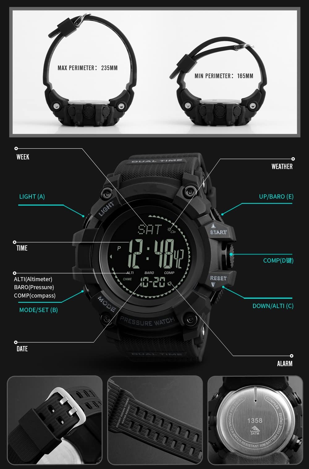 Boussole Montres Bracelet de Homme Outdoor Militaires Sport Digital Multifonctionnel Plastique Montre et Caoutchouc Ruban Podomètre Altimètre Baromètre Thermomètre, Noir