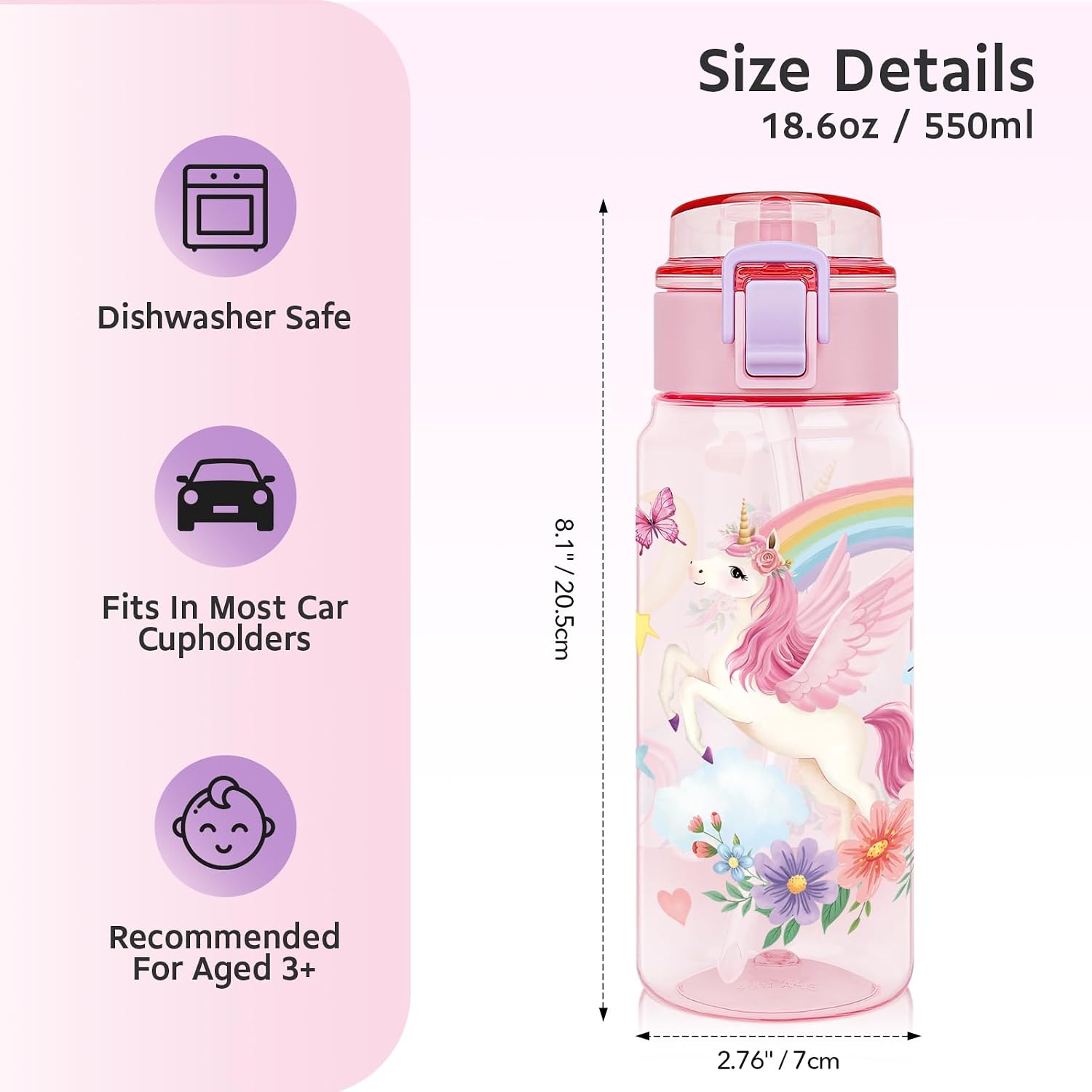 18.6oz Kids Water Bottle, Tritan BPA-Free, Unicorn image 5