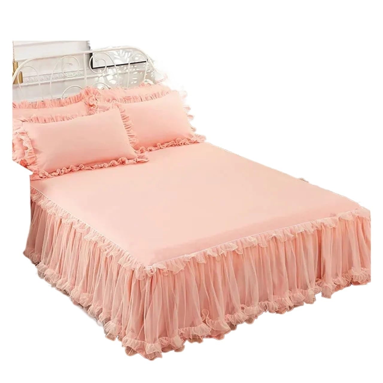 Elegant Princess Bed Skirt Non-slip Mattress Cover Ruffled Lace Bed Skirt Bedsheet Protector Bedspread No Pillowcase(Yellow,1pc Skirt 180x220cm)