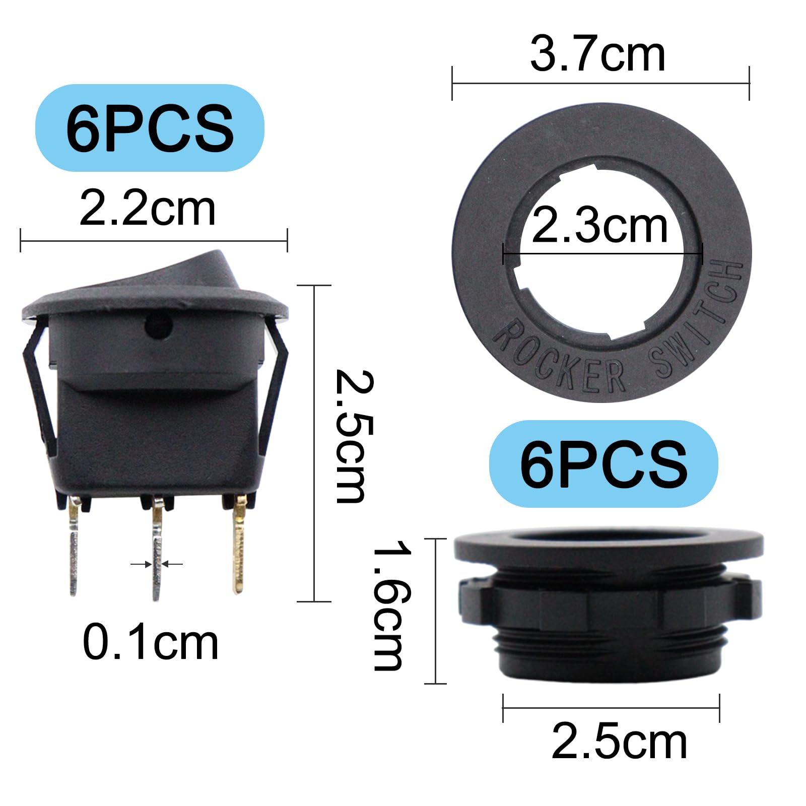 6 sztuk okrągły włącznik światła LED 12V 20A SPST przełączniki kołyskowe 3-pinowy przełącznik kołyskowy z obudową do łodzi motocyklowych urządzeń gospodarstwa domowego
