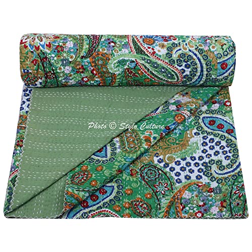 Stylo cultura Cachemira ropa de cama algodón cosido a mano Indian verde Kantha Edredón Reina colcha