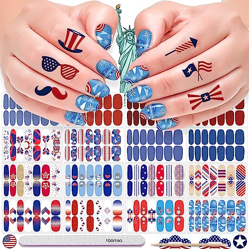 DANNEASY 16 Sheets Independence Day Nail Wraps for Women 4th of July Nail Polish Stickers Solid Color Nail Polish Strips Self-Adhesive Fingernail Stickers with Nail File, Cuticle Stick