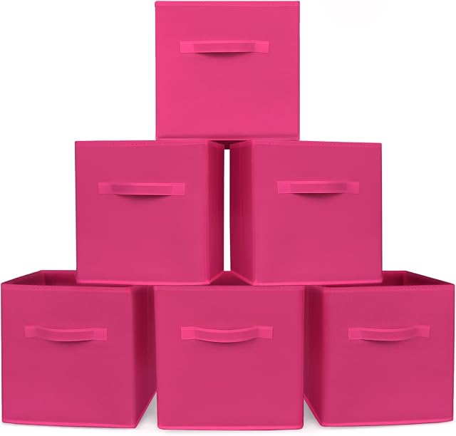 LIVIVO Set of 6 Foldable Storage Boxes Cube Basket Collapsible Sturdy Design Ideal for Nursery Closet Organiser Shelf Toys Clothes with Fabric Handles (Pink)
