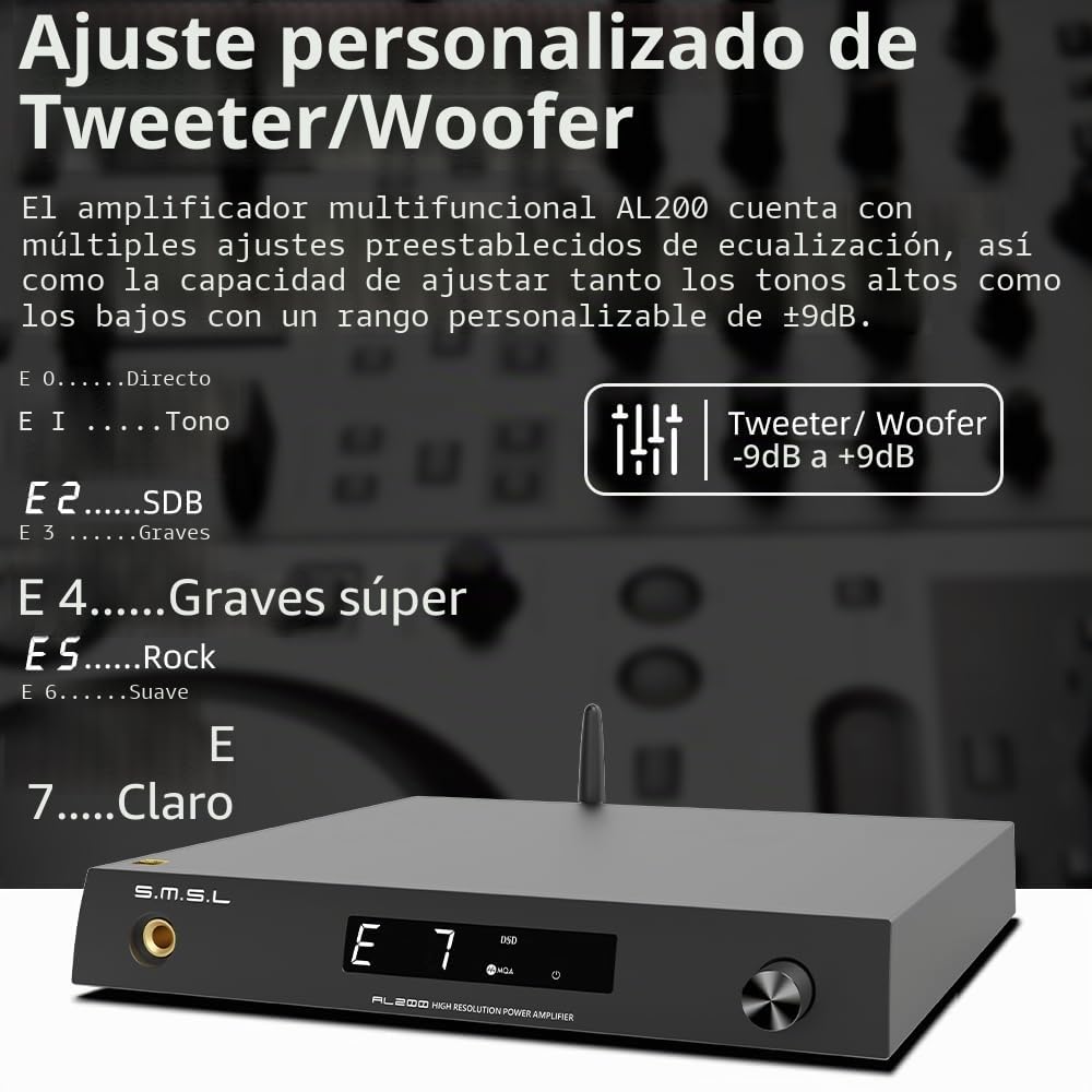 S.M.S.L AL200 Amplificador Integrado Estéreo, Amplificador de Auriculares de Audio Clase D de 2 Canales, Chip MA5332MS XMOS XU-316 MQA DSD Nativo 256, Entrada RCA/Bluetooth/USB/Coaxial/Optica