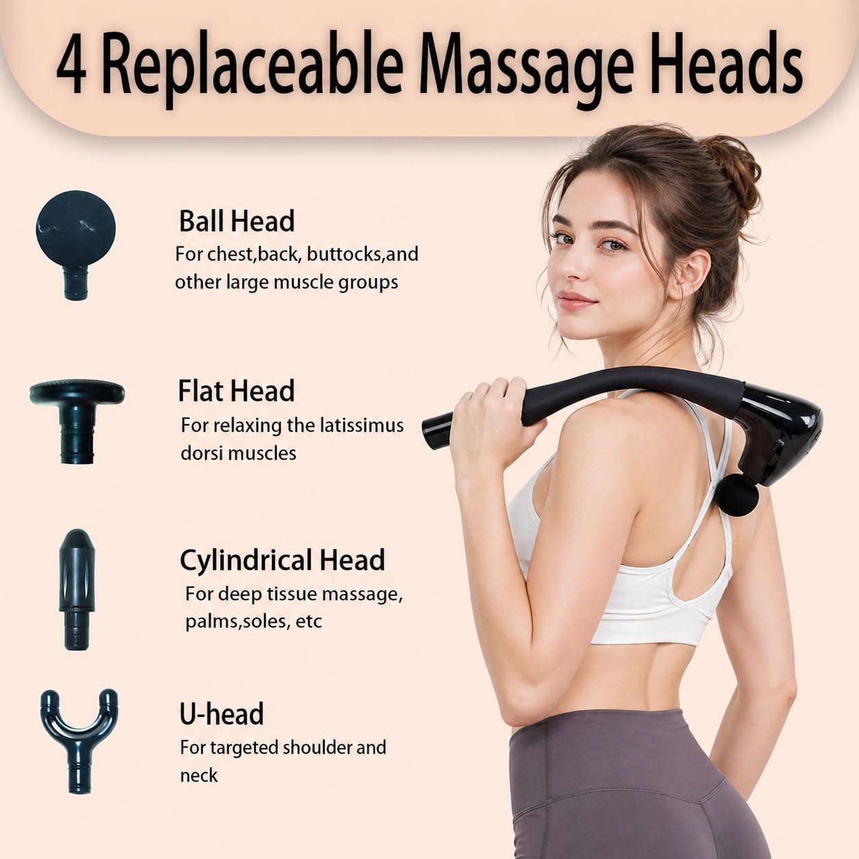 2-in-1 Massage Gun Deep Tissue with 20'' Extension Handle & Stretching Strap, Neck Massager for Pain Relief, Handheld Percussion Massager for Back, Shoulder, Leg, Waist