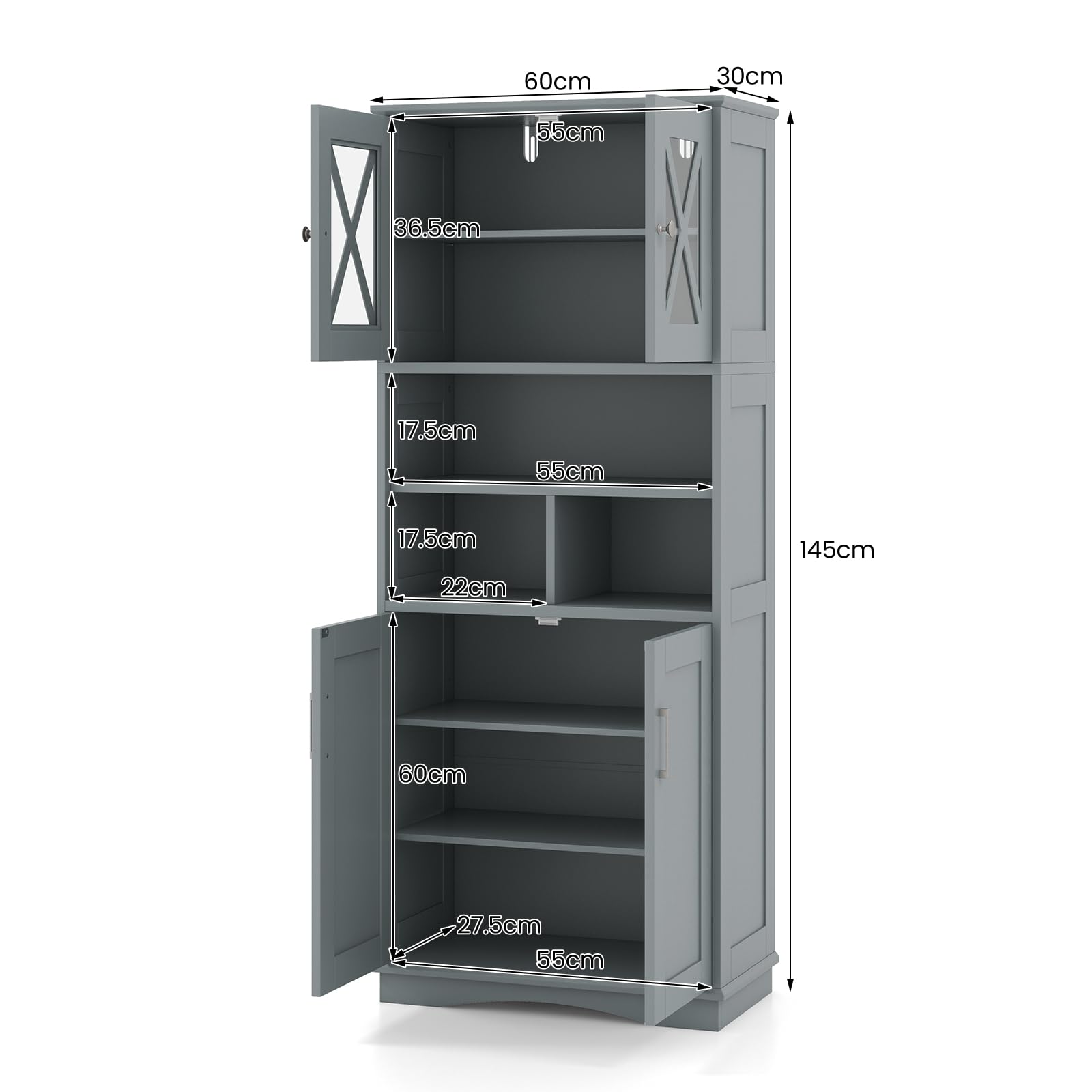 LIFEZEAL Mobile Bagno, in Legno, Mobiletto Bagno Salvaspazio, 60x30x145 cm, Credenza Cucina, con 4 Ante e Ripiani Regolabili, Armadietto Alto per Soggiorno, Armadio Multiuso Dispensa (grigio)