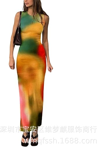 Miniatura 6 de Suillty Vestido sin mangas Y2k para mujer, diseño de teñido anudado, vestido largo, ajustado, ajustado, vestido largo de verano