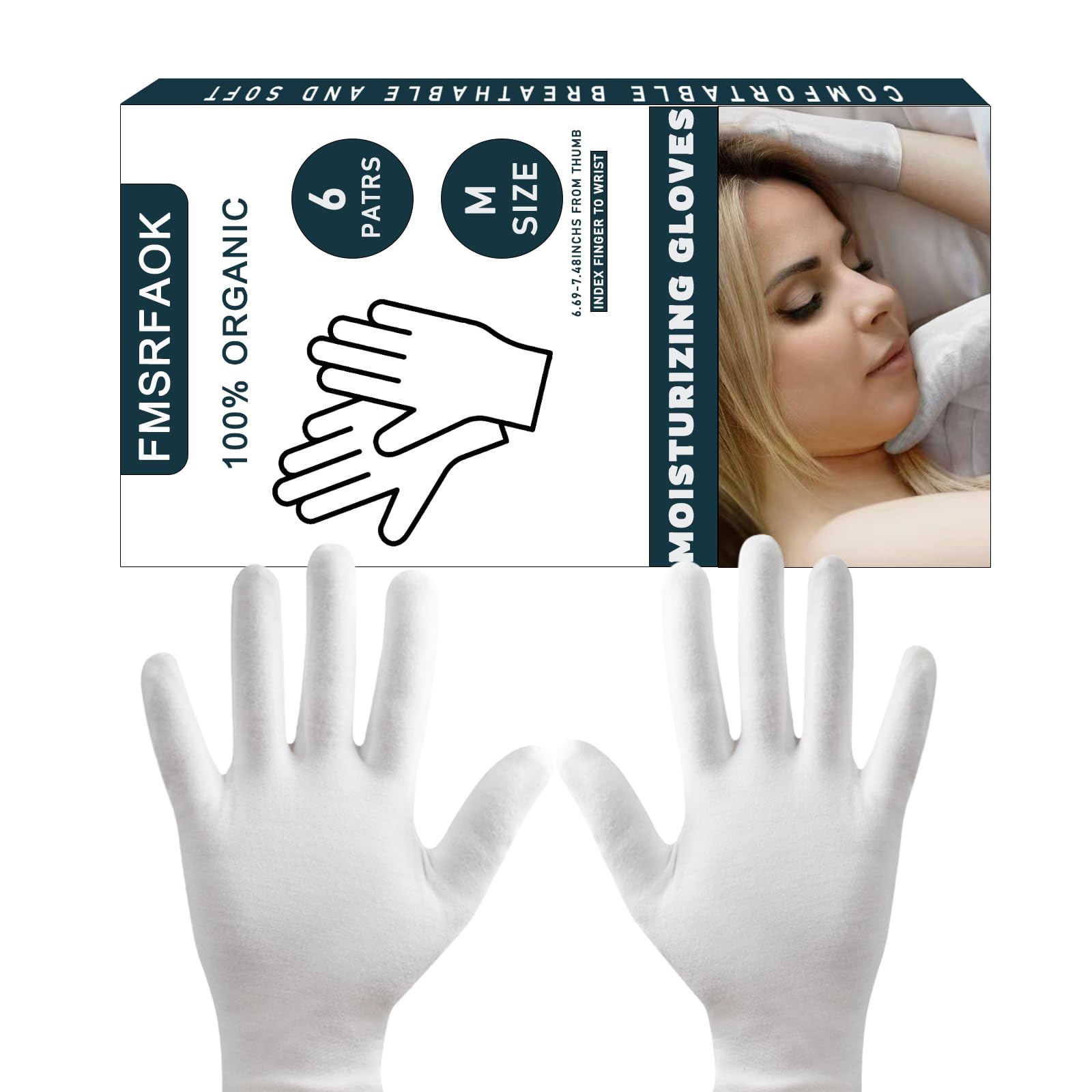 Cotton Moisturizing Hand Gloves, 6 Pairs, White, Washable SPA Gloves for Dry Hands (6pair)