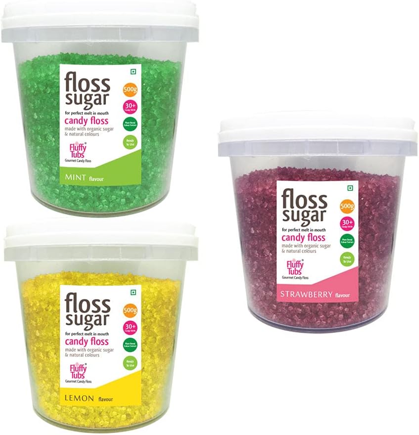 Candy Floss Sugar / Cotton Candy Sugar / Flavoured Sugar Mint, Lemon, Strawberry Flavour 500gms x 3 (Organic Sugar & Natural Colours)