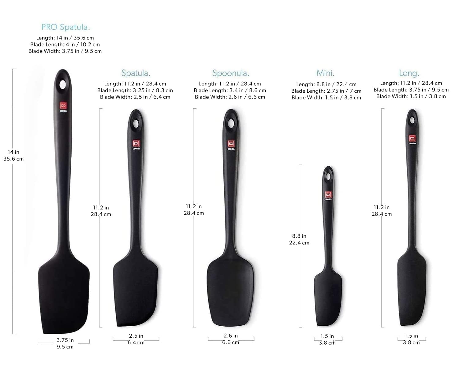 DI ORO® Espatulas Silicona Cocina - Espátulas de Silicona Resistente al Calor Hasta 315 °C - Utensilios de Cocina de Silicona sin BPA Antiadherentes - Set de 5 Espátulas para Hornear y Mezclar (Negra)