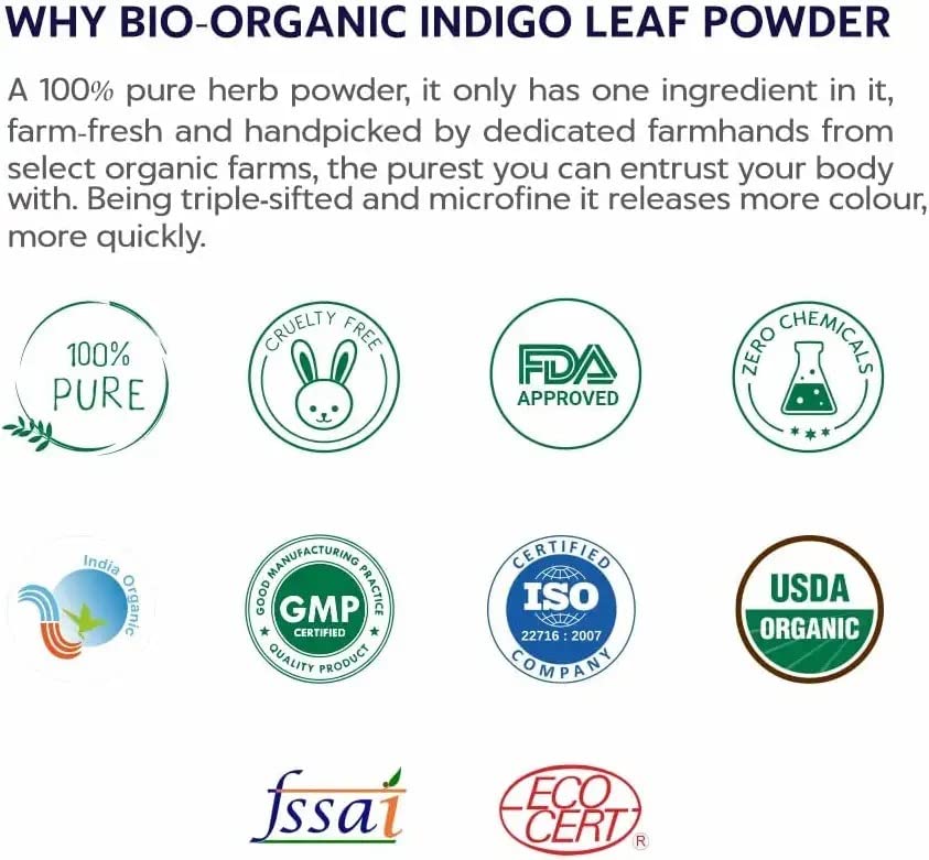 Bio Organic Indigo Powder, 100% Certified Organic, Triple-sifted & microfine Powder, Cruelty-Free & Vegan, Indigofera Tinctoria Powder for Natural Hair Coloring, Arrests Early Greying & - 100g