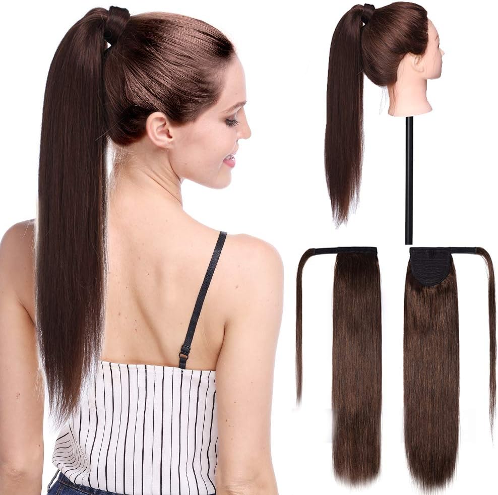Elailite Human Hair Ponytail Extension Straight - Wrap Around Clip in Ponytail 100% Real Remy Human Hair Lustrous (#4 Medium Brown, 14 Inch)