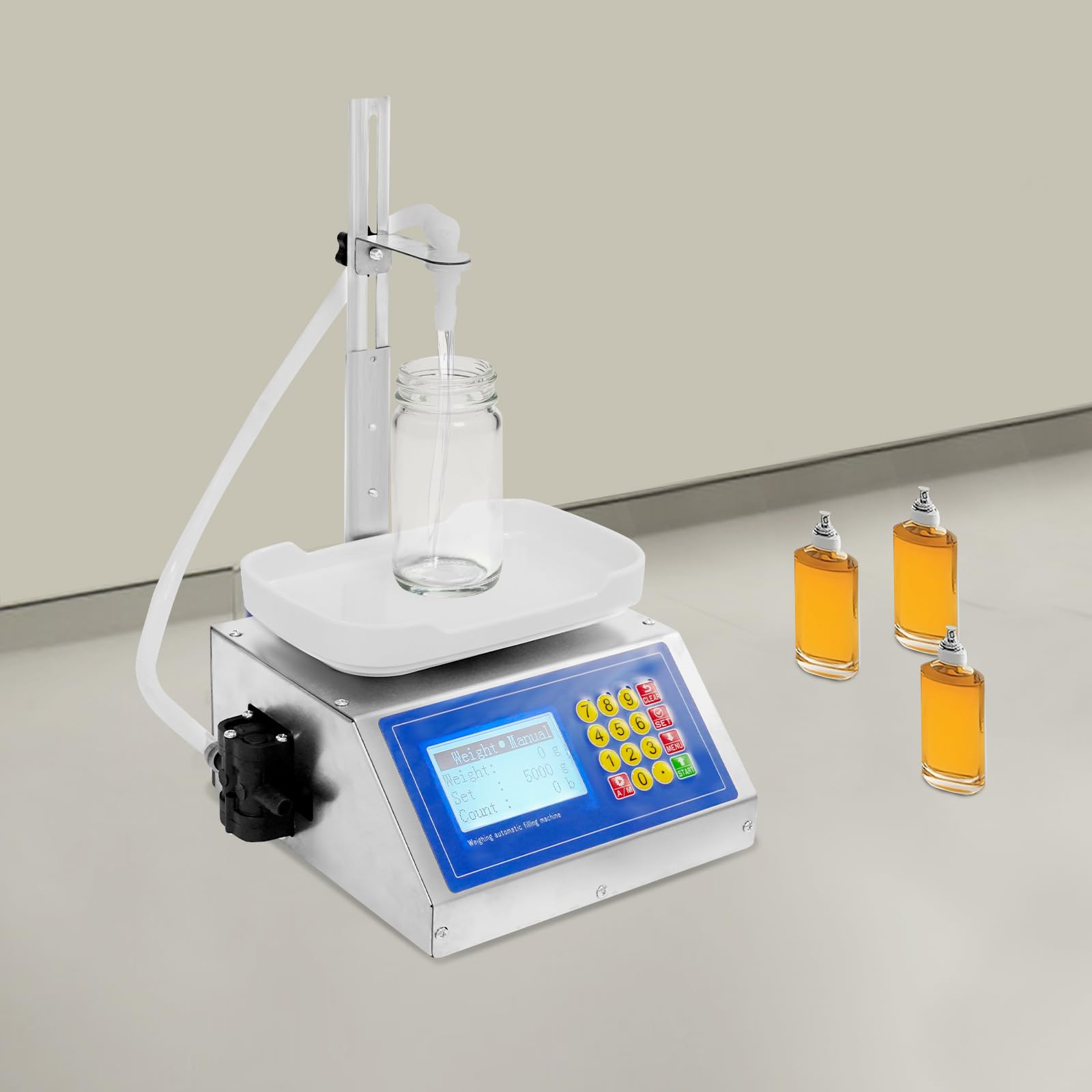 Riempitrice digitale 220 V, impianto di riempimento liquido con pompa a membrana e LCD, capacità 8 g-3 kg, altezza di riempimento 0-32 cm, per liquori, miele, olio, cosmetici, detergenti