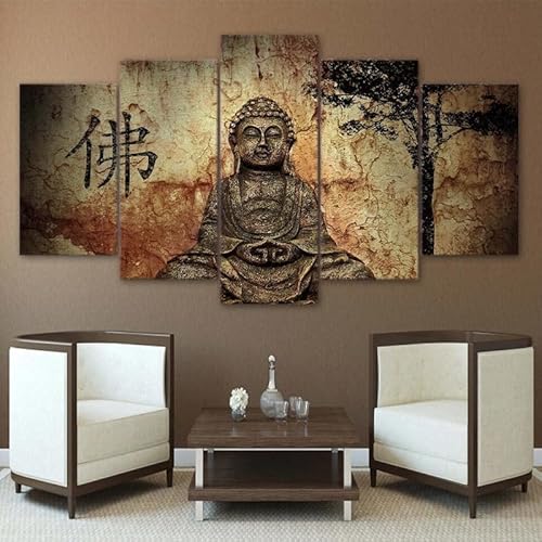 cyongshan Buddha Wall Art Modern Decor 5 Panel Canvas Artwork for Living Room & Home Religious Buddha Design Poster Print for Buddhist Believers Stretched and Framed