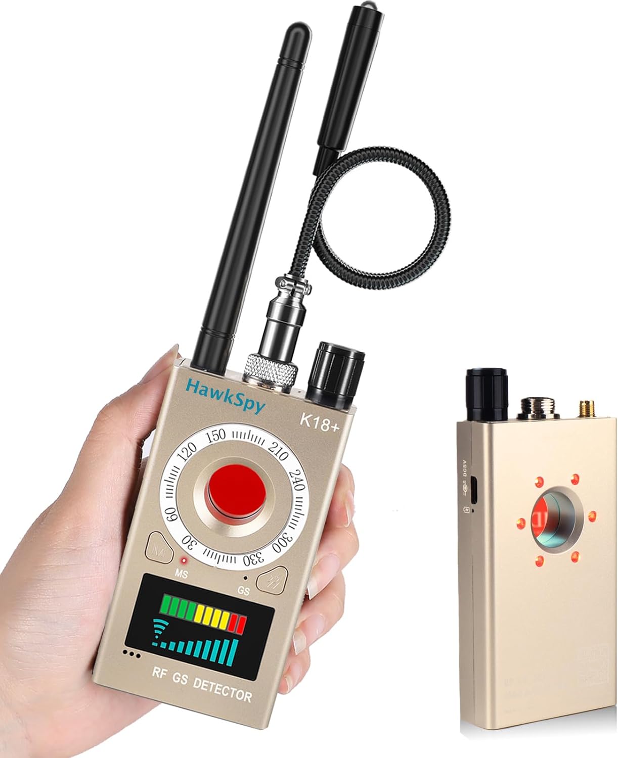 K18 Hidden Camera Detectors Bug & GPS Tracker Scanner Spy Camera Finder for Hidden Devices Listening Device Scanner with Sound & Vibration Alarm Portable Privacy Protection（Gold