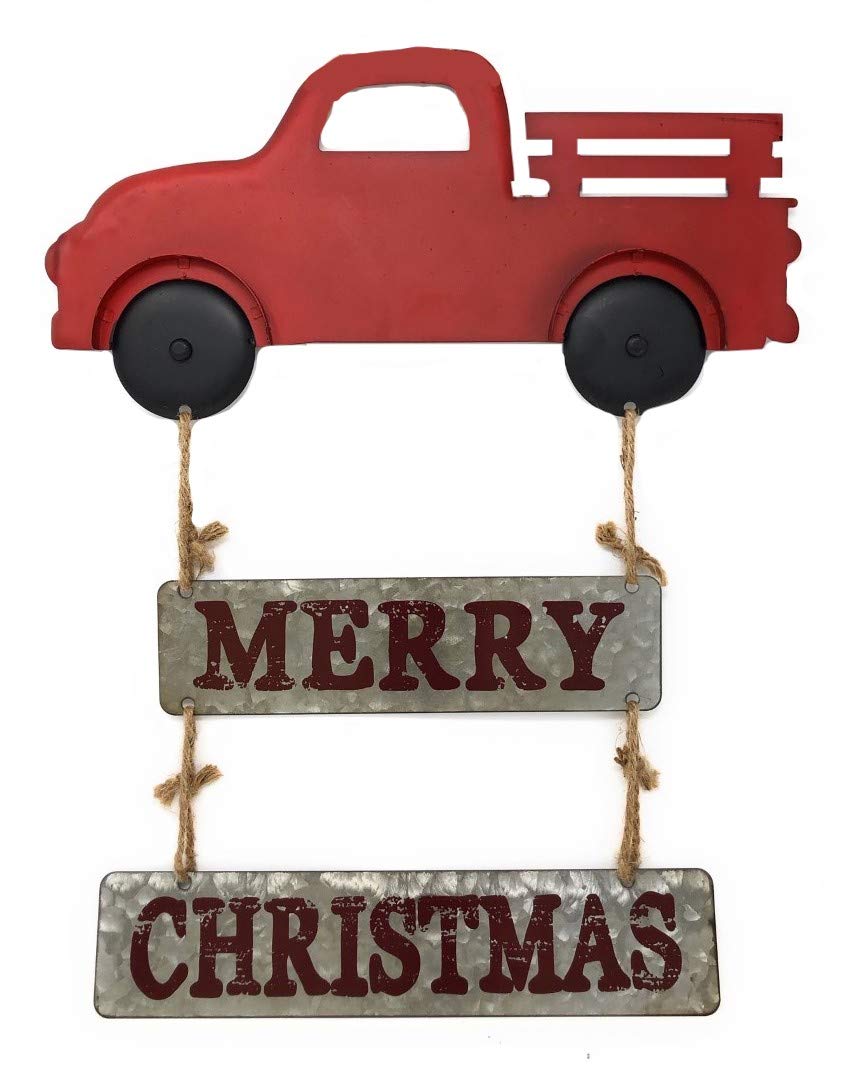 Merry Christmas metalowa antyczna ciężarówka rustykalna dekoracja świąteczna na ścianę drzwi wejściowych do wewnątrz na zewnątrz 45 cm x 36 cm (czerwony)