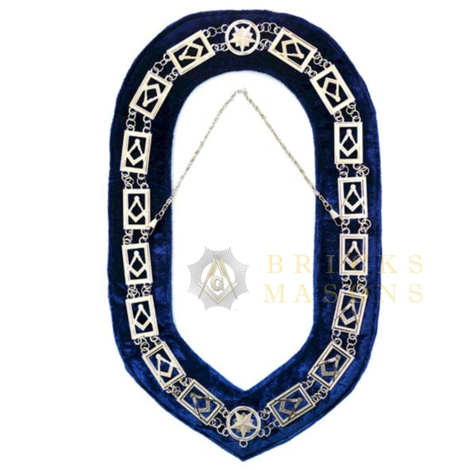 Bricks Masons Blue Lodge Square Compass Chain Collar - Silver on Blue
