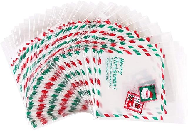 CCINEE 100pcs Self Adhesive Christmas Cookie Candy Package Clear Cellophane Treat Gift Bags