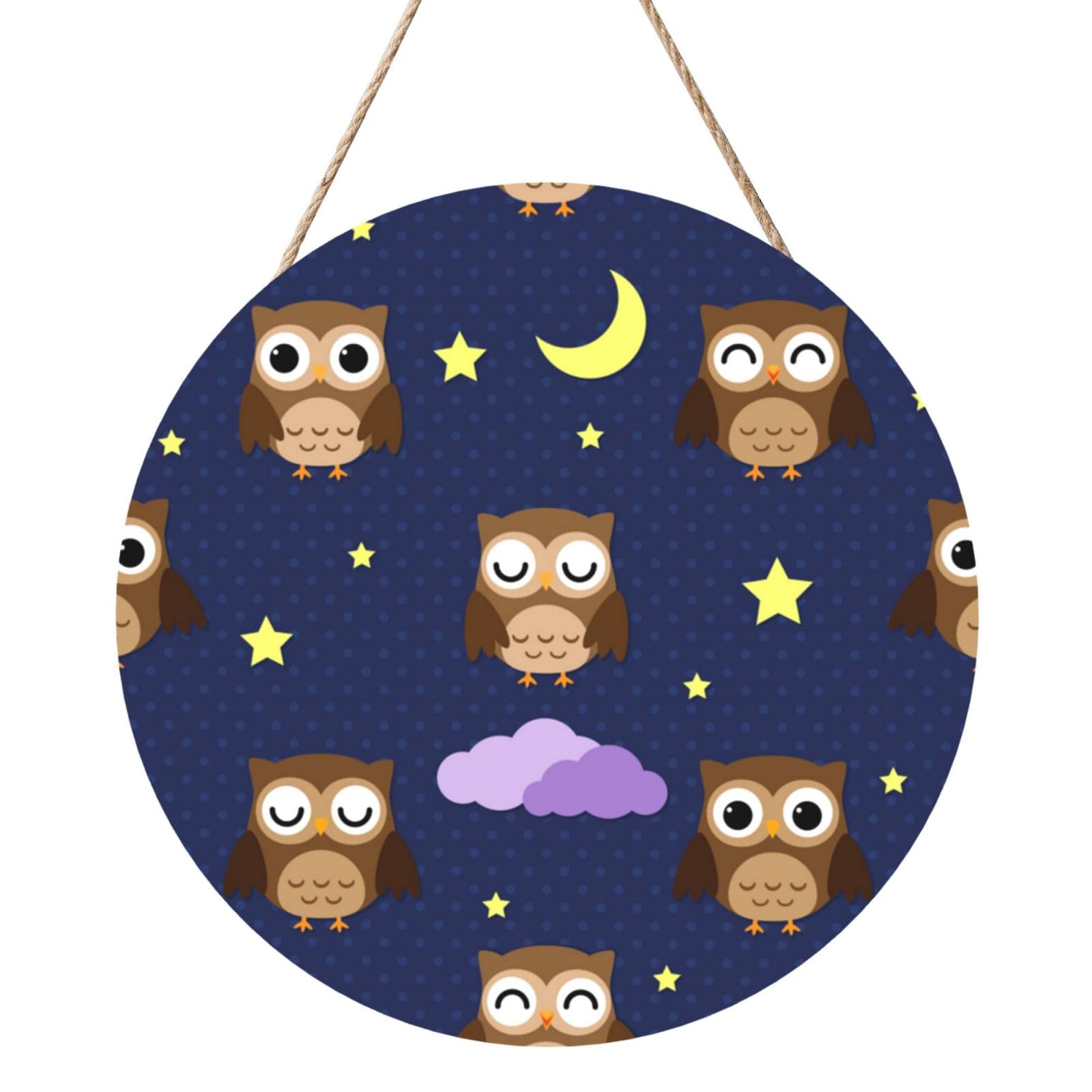 InOmak Cartoon Owl Pattern, Round Wood Panel Painting 12 in, Wall Hanging Painting For Home
