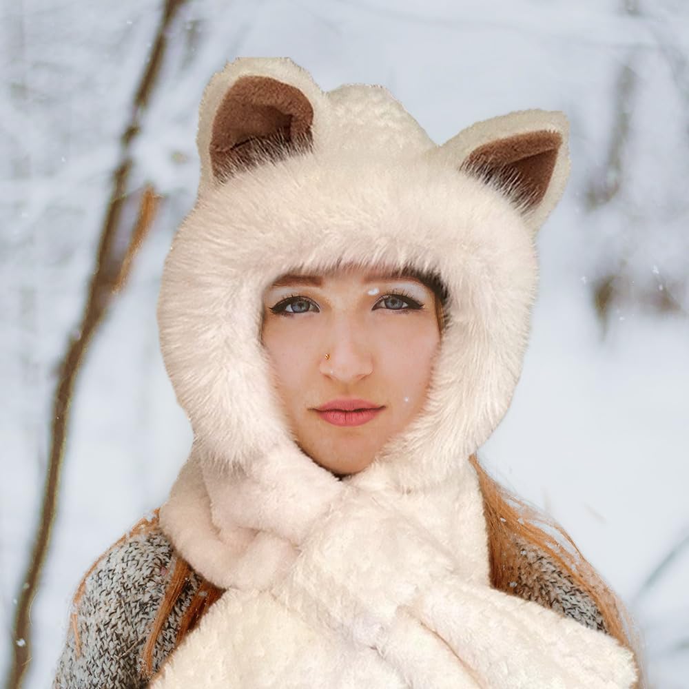 Bonito gorro y bufanda 2 en 1 2025, protección integrada para los oídos, bufanda resistente al viento, gorro cálido de invierno para mujer