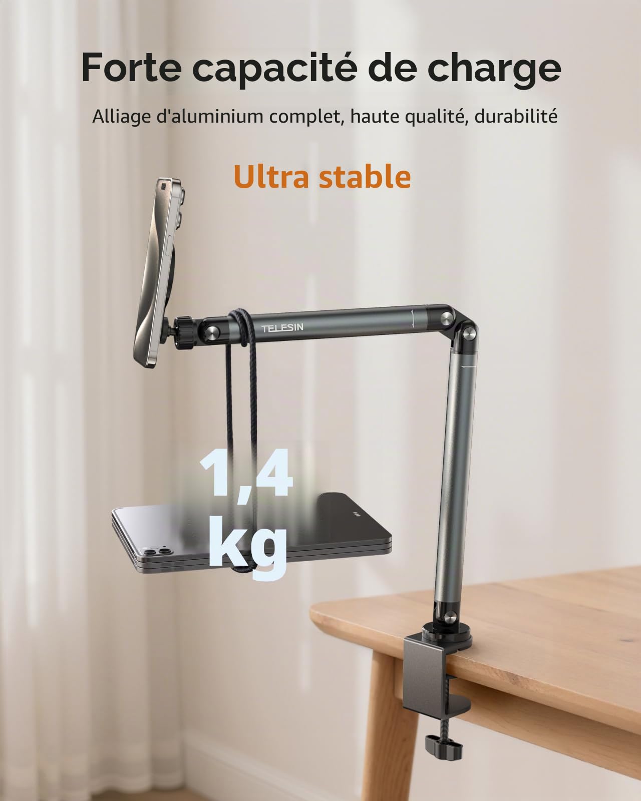 TELESIN Support Tablette de Serrage Magnétique pour Lit | RéGlable Rotatif à 360° avec Bras Stable, Support Porte-Pince Magnétique pour Magsafe/iPhone/Android/IPad