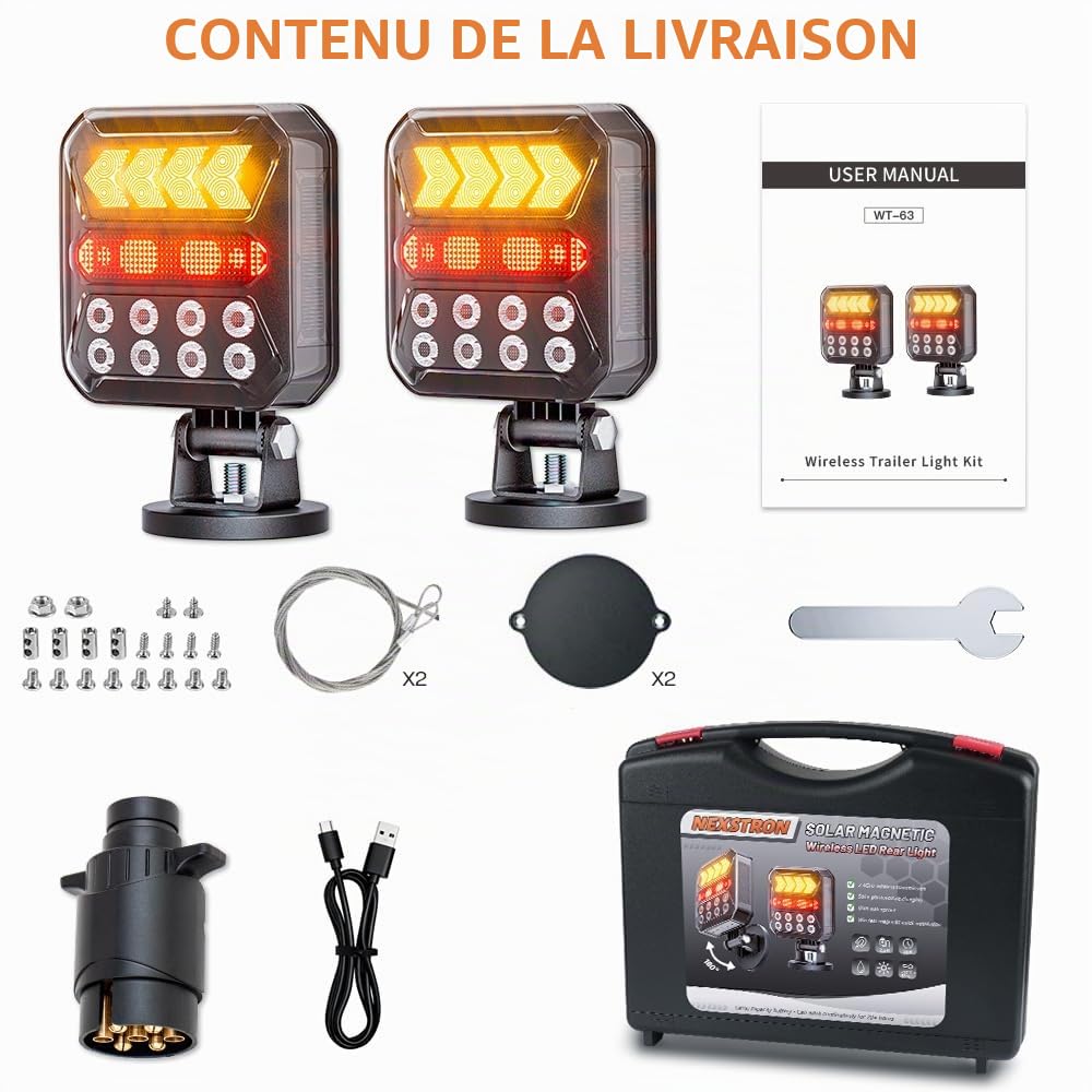 Ensemble Feux Arrière LED Magnétiques Bluetooth 12V/24V, Rechargeable Solaire, Autonomie 20h+, Étanche IPX6, pour Remorque Légère/Lourde, Semi-remorque, Tracteurs et Véhicules de Secours
