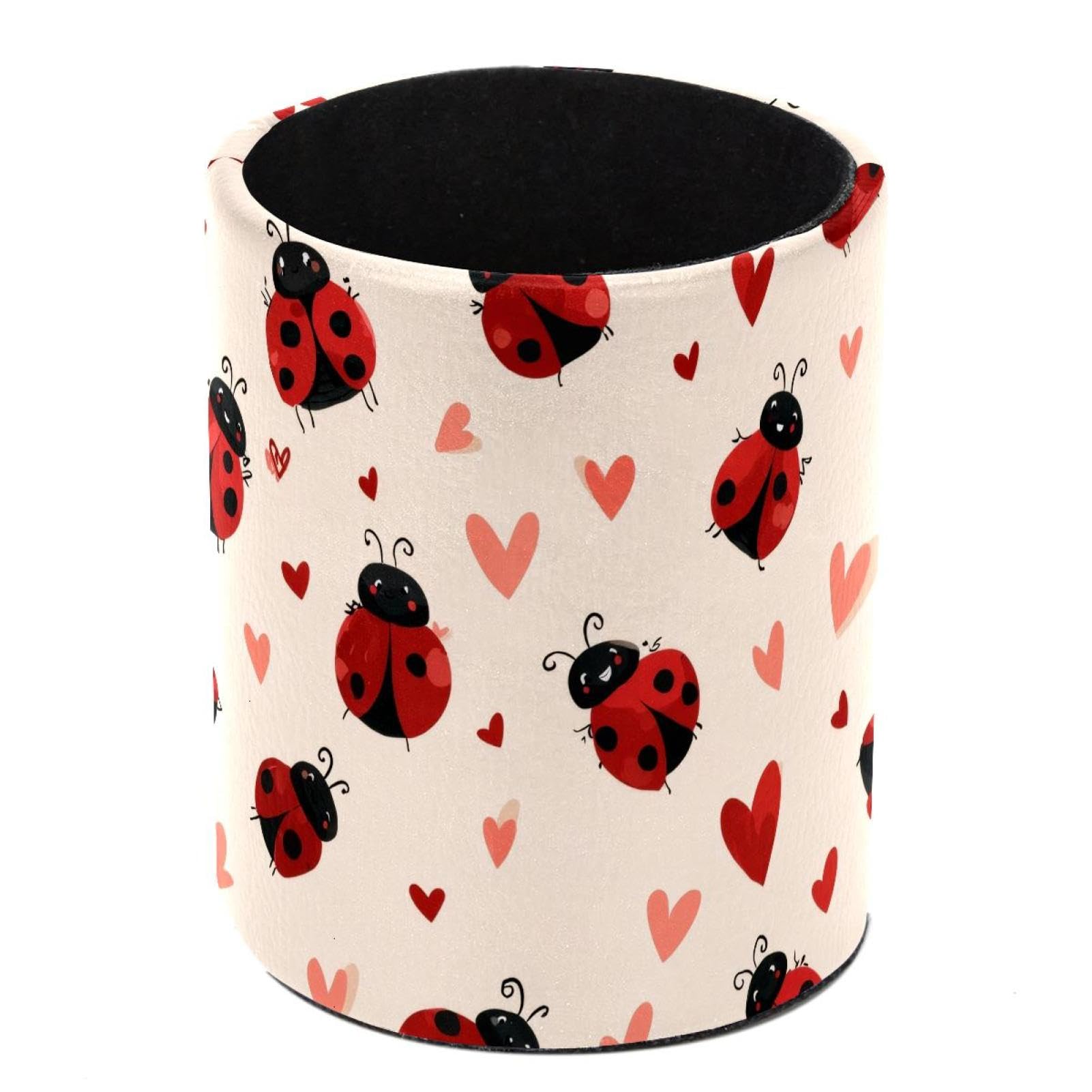 HEOEH Love Hearts Ladybugs Pen Holder for Desk, PU Leather Pencil Holder Pen Cup Marker Holder Makeup Brush Holders, Desk Accessories & Workspace Organizers for Home, Office