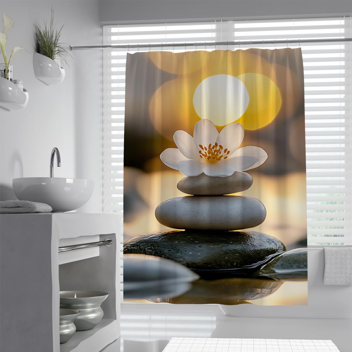 Białe kwiaty zasłony prysznicowe W180xD200cm Zen Spa Golden Light Design Można prać w pralce, szybkoschnąca poliestrowa zasłona łazienkowa odporna na pleśń z haczykami