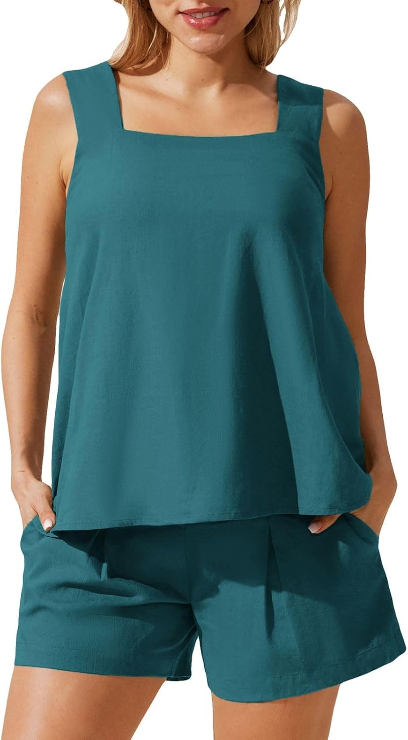 Maacie Maternity 2 Pieces Outfits Summer Linen Shorts Sets Tank Tops Wide Legs Shorts with Pockets