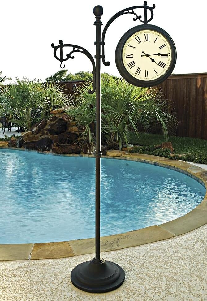 Backyard Creations Outdoor Heavy Duty Double Face Metal Weather Pedestal Clock / Analog Thermometer, Black, 15InD X 33.25InW X 72.75InH