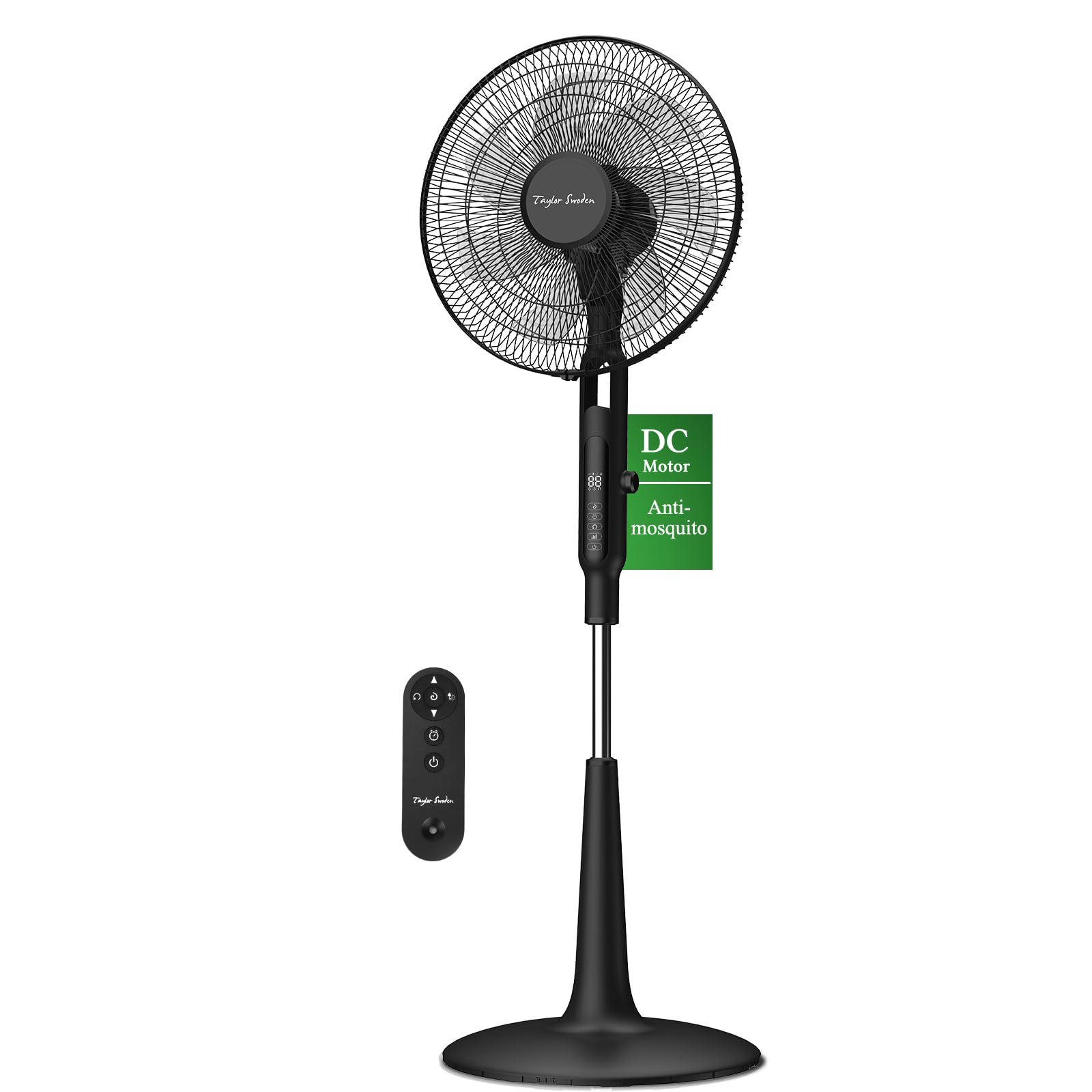 Taylor Swoden Ventilador de pie, Silencioso Motor Brushless DC Mando, 28 Velocidades, ECO, 40W, 3 modos, 12H Time, LED, Ajustable en altura(125-135cm), con Mando, ranura anti-mosquitos,Negro