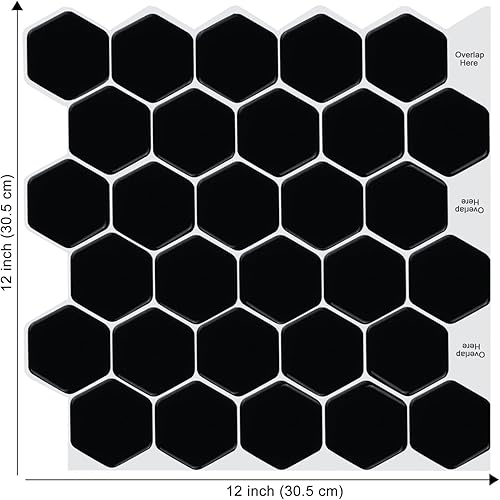 Miniatura 2 de Tic Tac Tiles Azulejos adhesivos de 12 x 12 pulgadas en diseños hexagonales (5, blanco regular y negro)