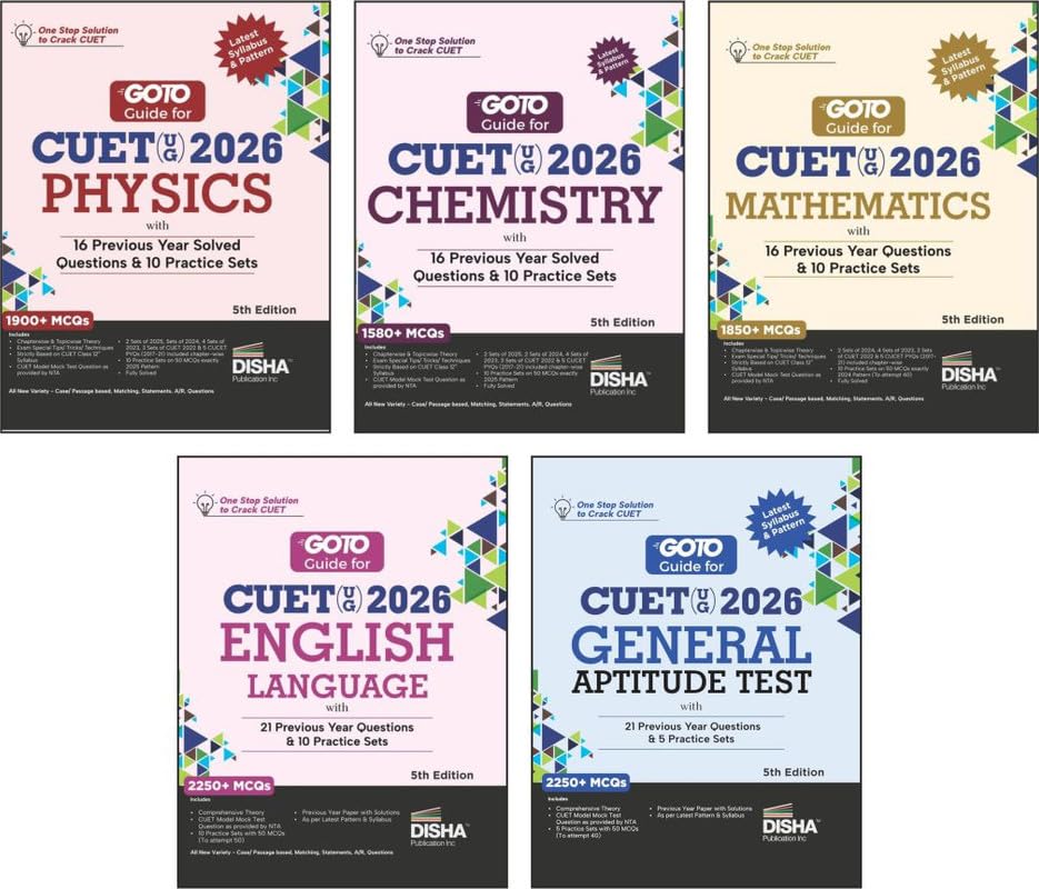 Image of Disha Combo (set of 5 Books) GoTo Guides for CUET (UG) 2026 Science Stream - Physics, Chemistry, Mathematics, English & General Test 4th Edition | Previous Year Questions (PYQs)