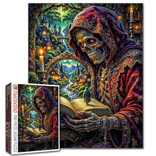 Horror-Totenkopf-Puzzle, 1000 Teile für Erwachsene, Skelett-Kunst-Puzzles für anspruchsvolle Familienspiele, Fantasiebuch, DIY-Handarbeit, Puzzle für Zuhause, Wanddekoration, Geschenke, 50,8 x 68,9 cm