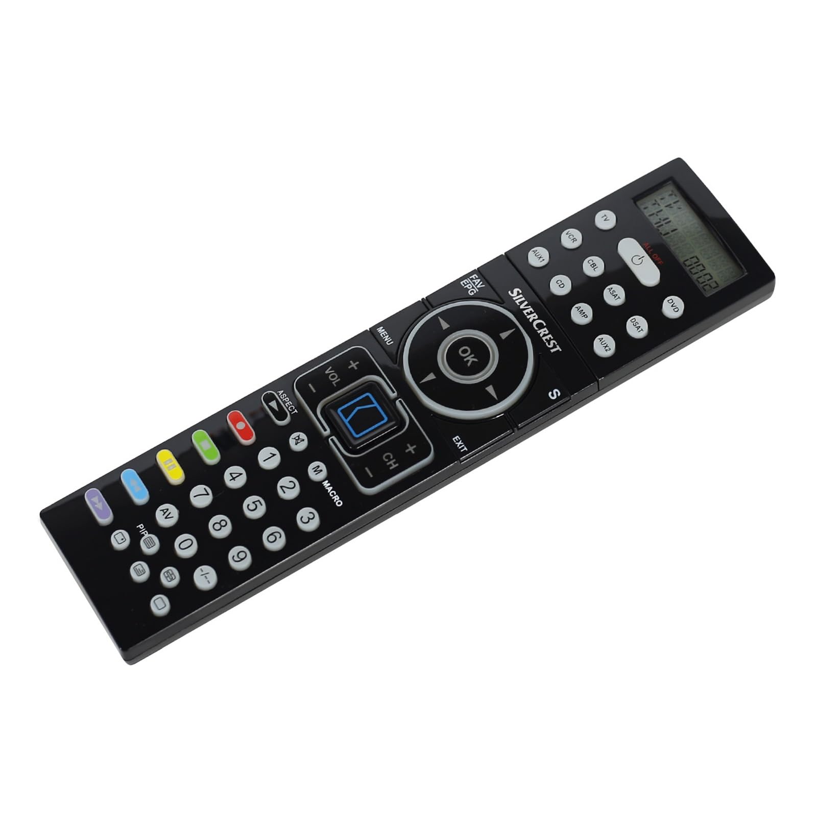 Telecomando universale for Silvercrest KH2157 con retroilluminazione e TV LED/DVD/VCR/CBL/ASAT/DSAT/AUX1/CD/AMP/AUX2
