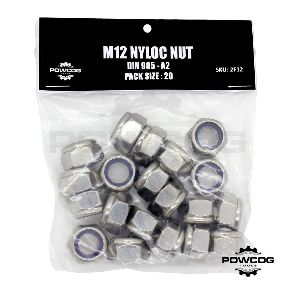 M12 NYLOC NUT - A2 Stainless Steel Lock Nuts Grade 304 Metric - DIN 985 - by POWCOG® - Pack of 20