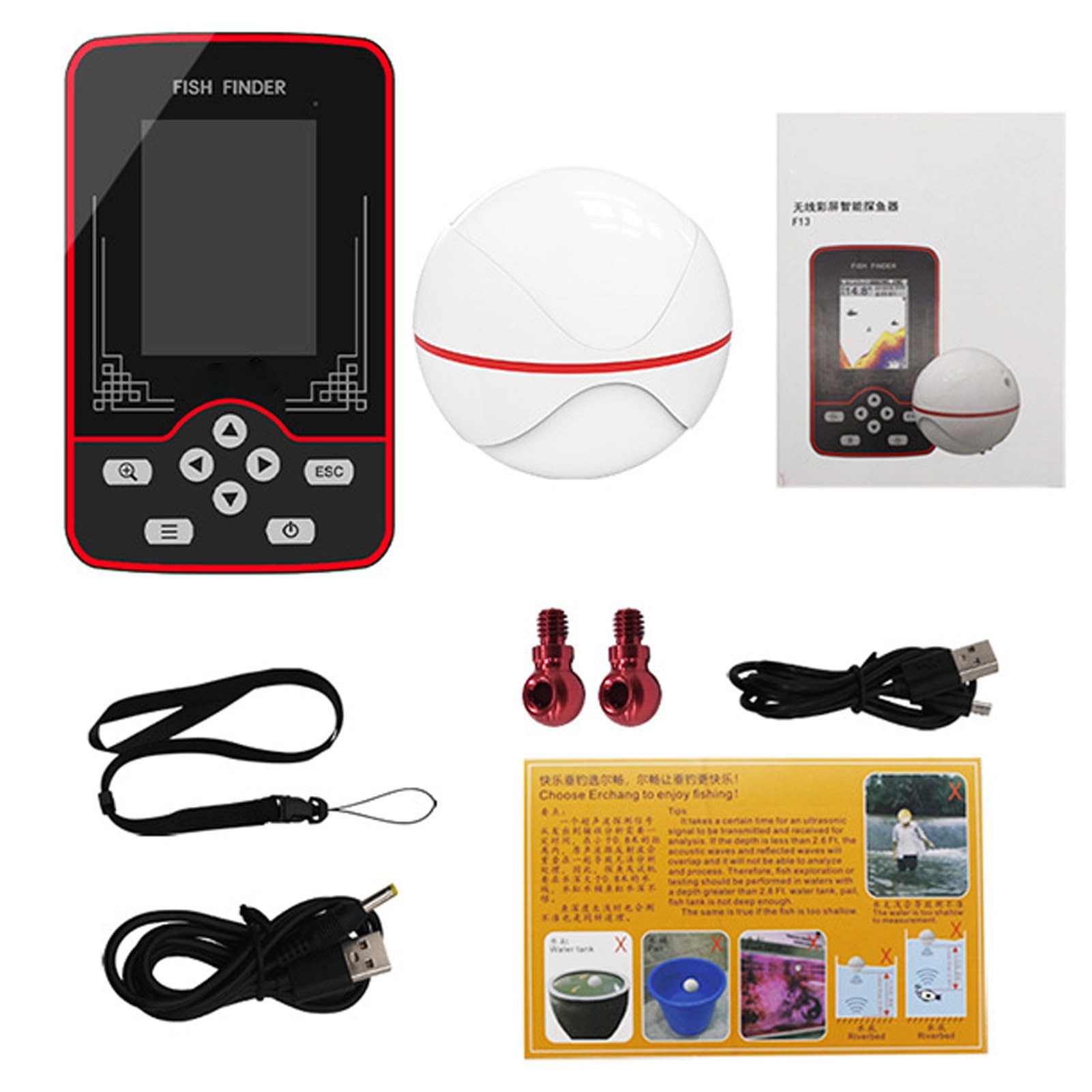 Ecoscandaglio Wireless per Pesci, Rilevatore di profondità per Barche, Rilevatore di Pesci per Kayak da Pesca, con Schermo a Colori da 2,6 Pollici, Portata 60 M, Portatile